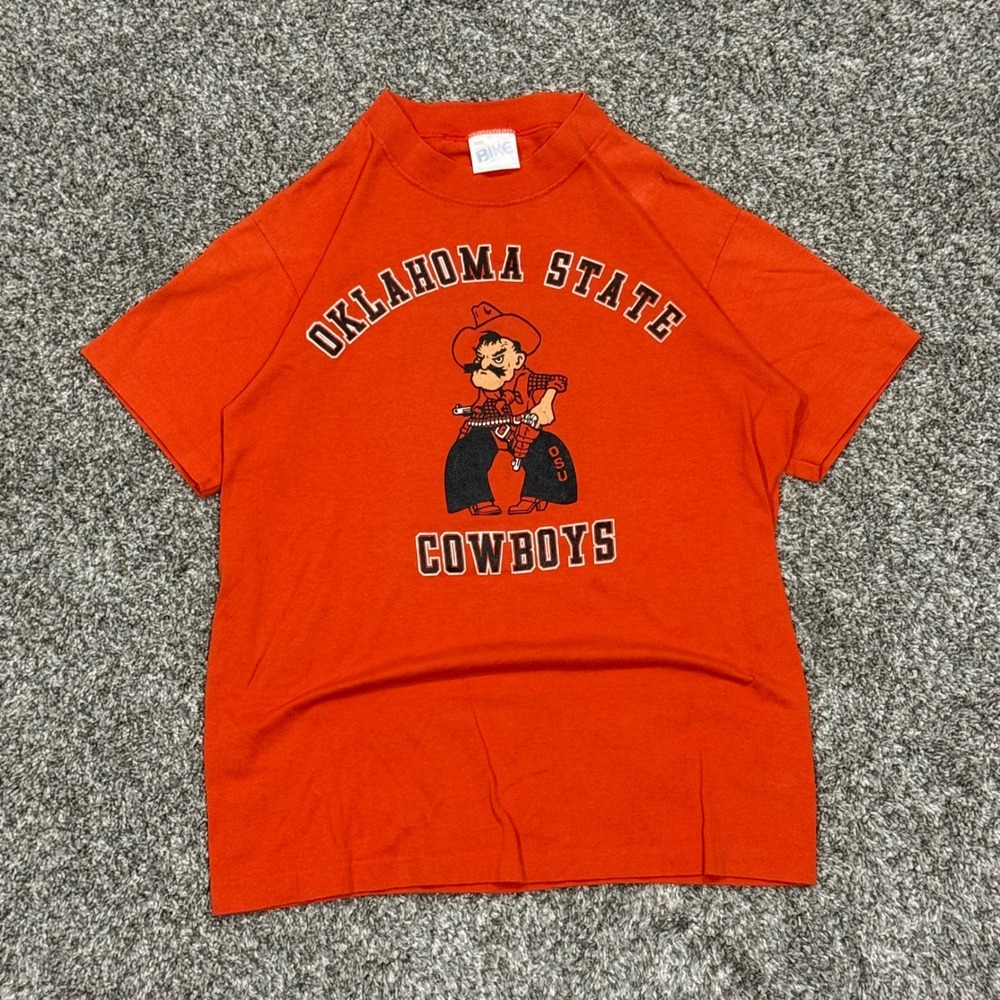 Vintage 80s Oklahoma State Cowboys T-Shirt Mens L‎ Orange Bike Pistol Pete OSU